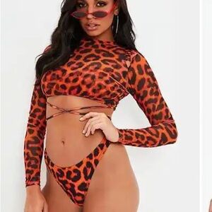 3 Piece Red and Black Animal Print High Waist Thong Swimsuit